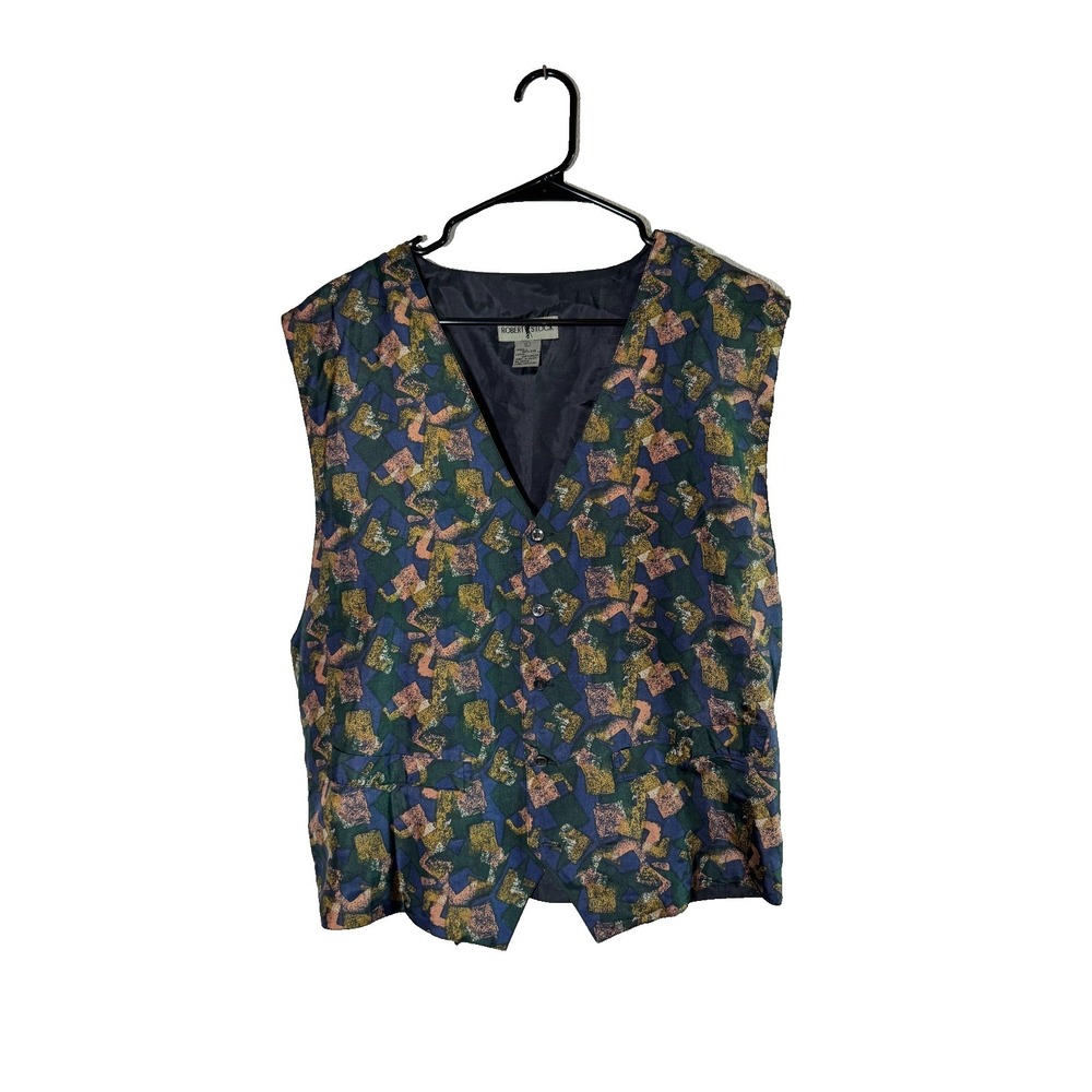 Vintage Robert Stock Vest Mens Large Multicolor Geometric Mosaic Silk Lined